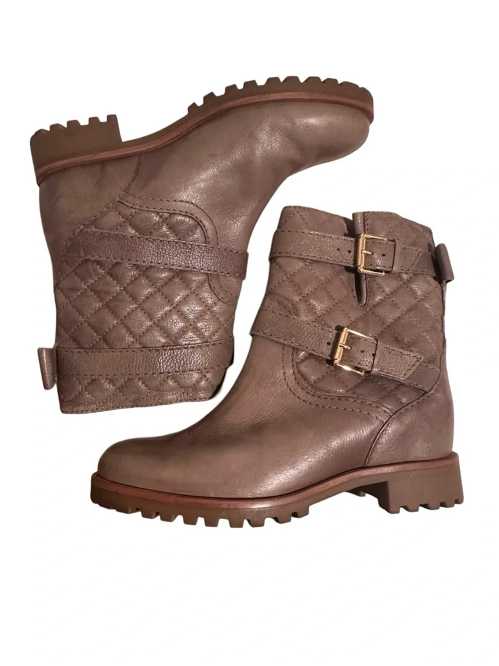 Kate Spade Samara Quilted Leather Moto Boots Taupe Brown Mousse Size 7M